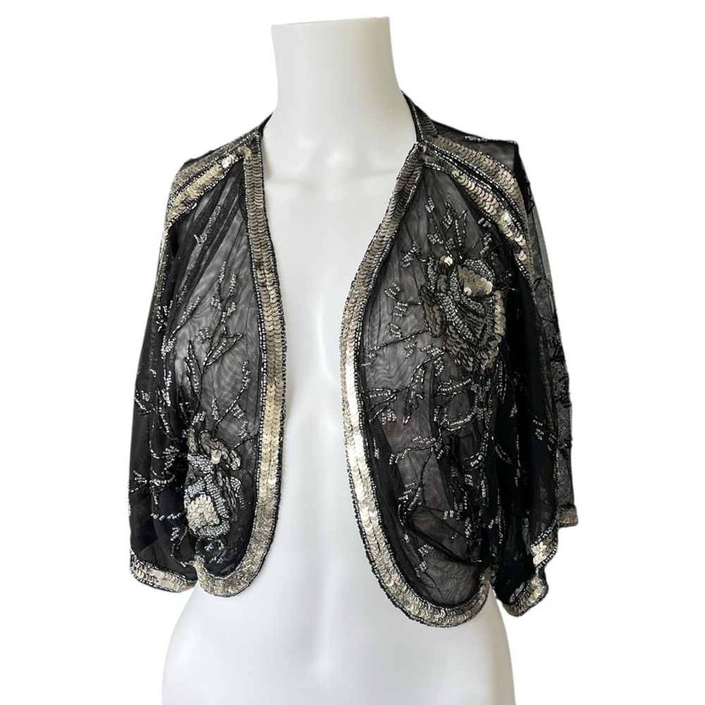 Gudi Sheer Black Short Sleeve Bolero Beaded Sequin Floral Size Medium M
